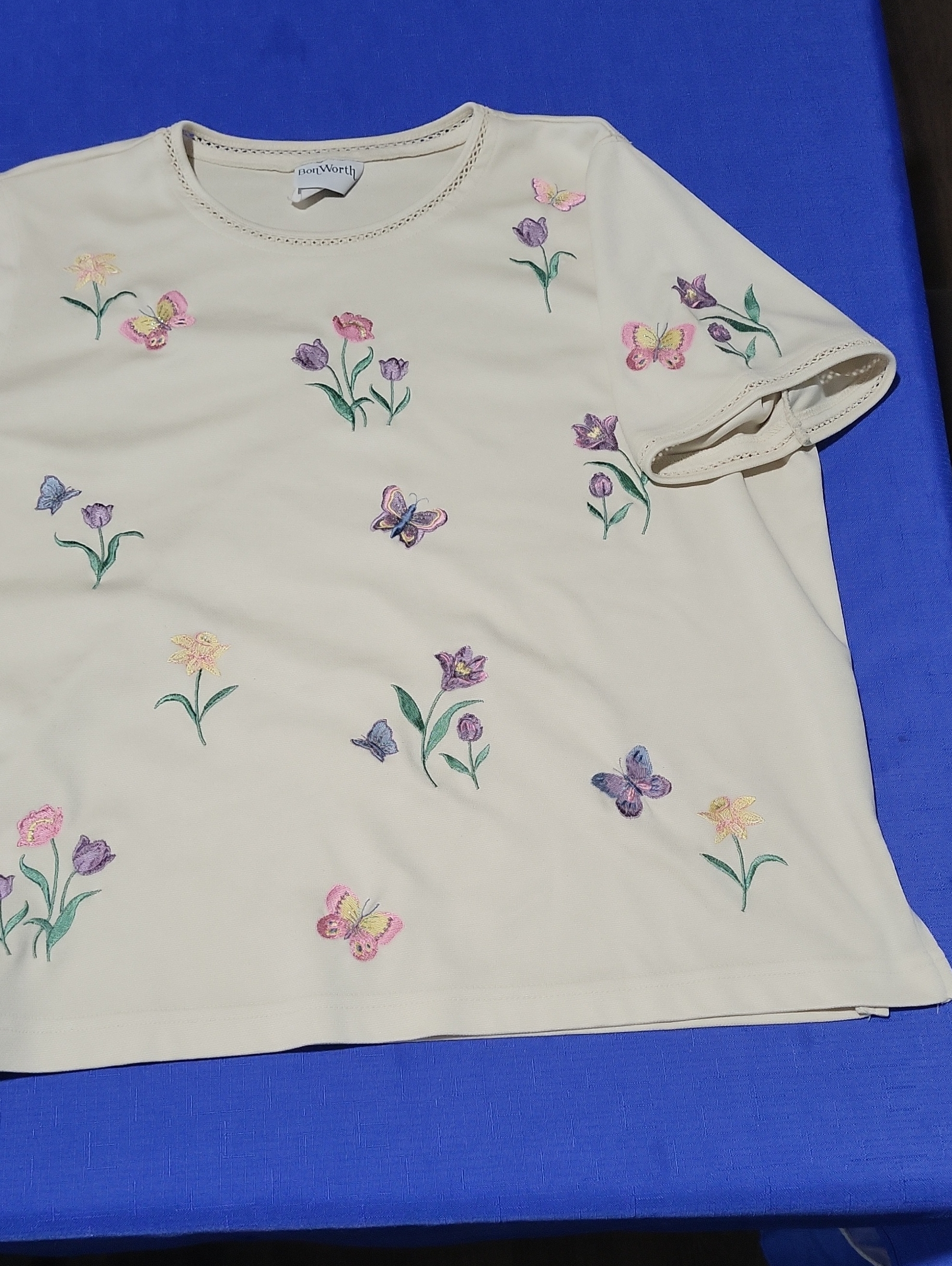 Bon Worth Cream Short Sleeve Top With Pastel Floral & Butterfly Embroidery
